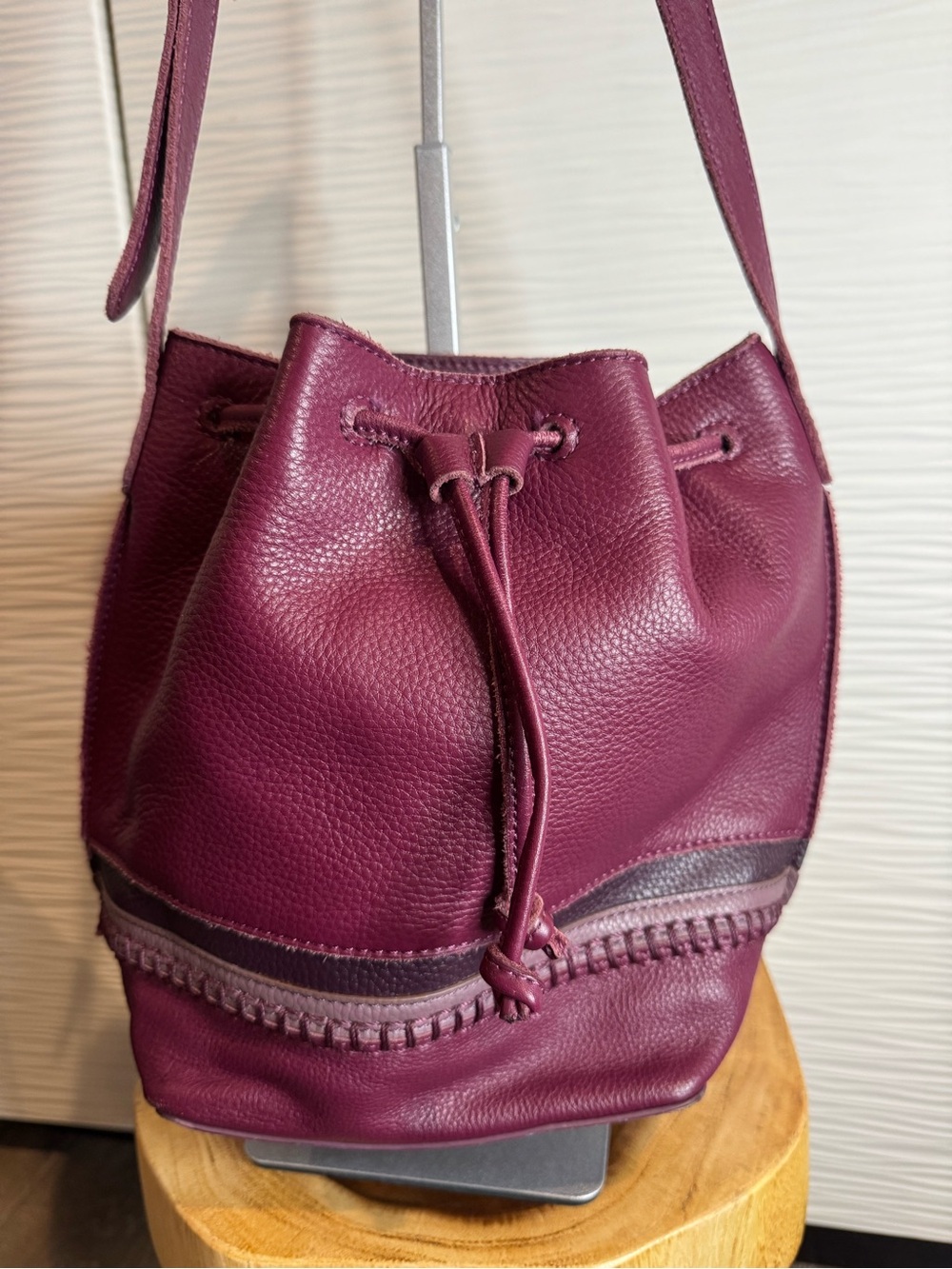 The Sak Plum Leather Drawstring Crossbody Bucket Bag